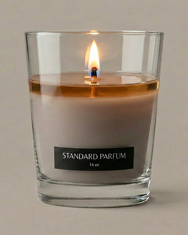 Standard Parfum candle burning in low light