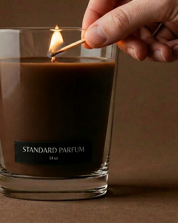 Standard Parfum candle being lit in warm low light